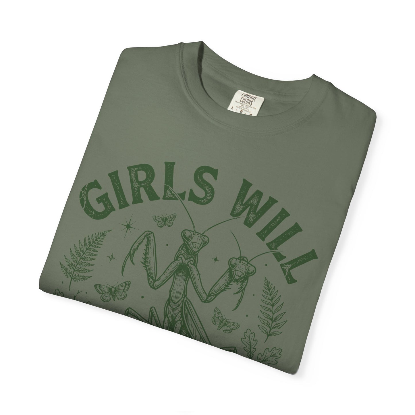 Praying Mantis 'Girls Will Be Girls' T-shirt | Insect Illustration, Botanical Accent