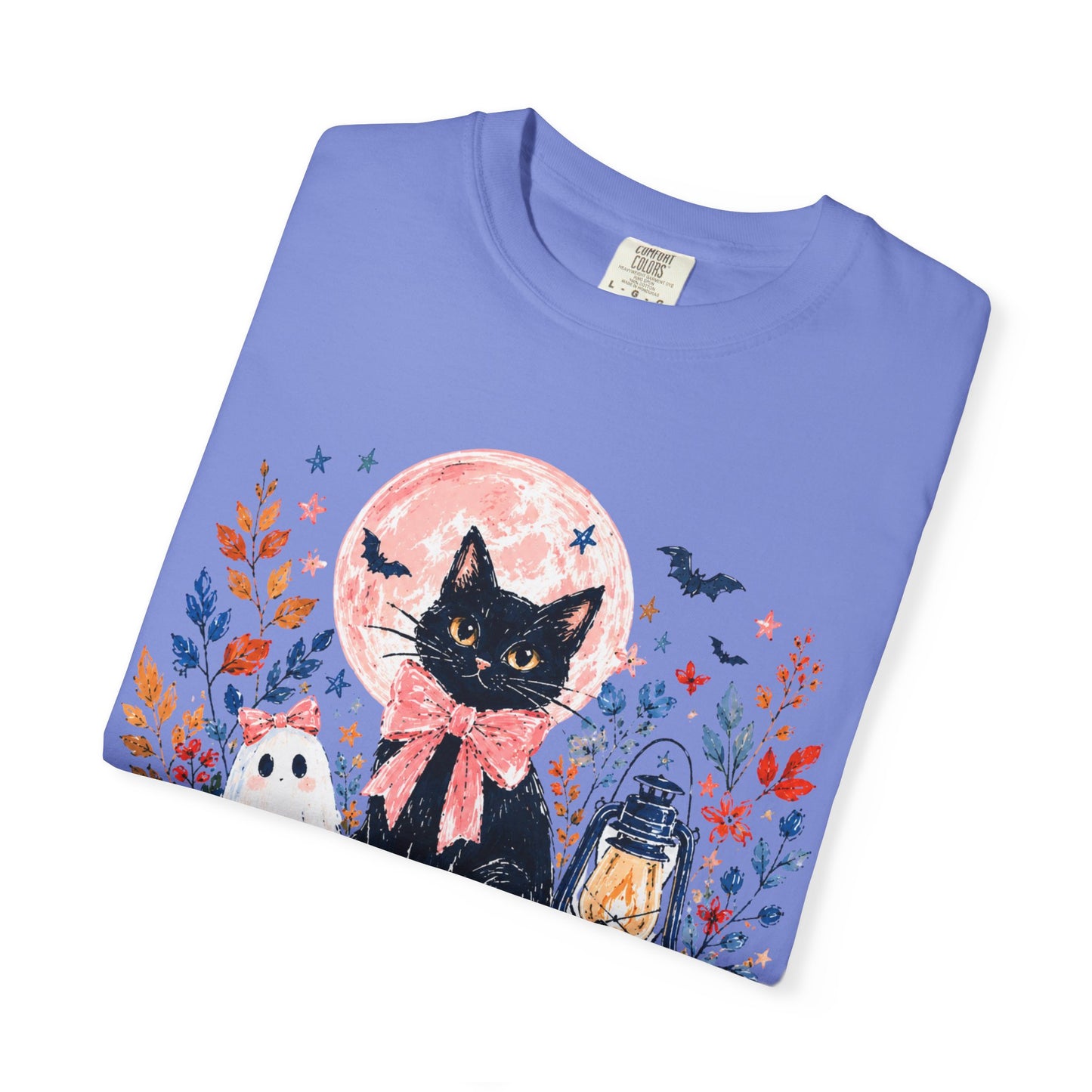 Black Cat with Pumpkins T-shirt | Halloween Moon Lantern Floral Design