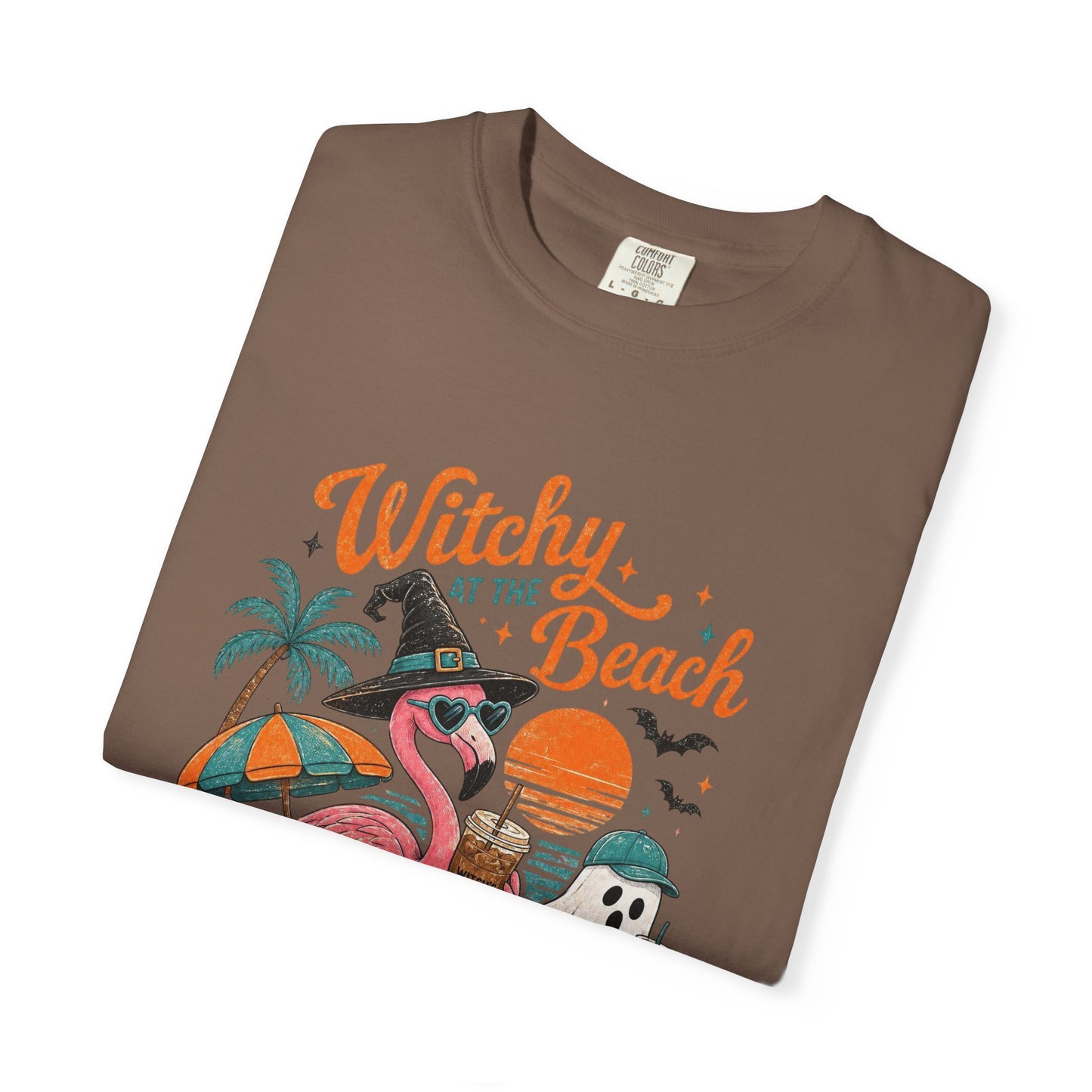 Witchy at the Beach T-shirt | Spooky Vibes Halloween Flamingo Design