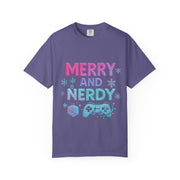 Merry and Nerdy T-Shirt, Unisex Gamer Tee, Holiday Gaming Shirt, Fun Christmas Apparel, Gift for Nerds, Cozy Casual Style