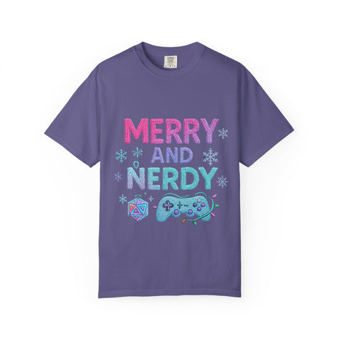Merry and Nerdy T-Shirt, Unisex Gamer Tee, Holiday Gaming Shirt, Fun Christmas Apparel, Gift for Nerds, Cozy Casual Style