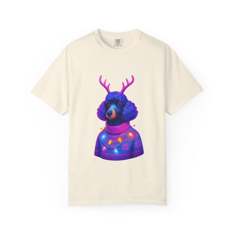 Poodle with Antlers in Light-Up Sweater T-Shirt | Neon Holiday Dog Design