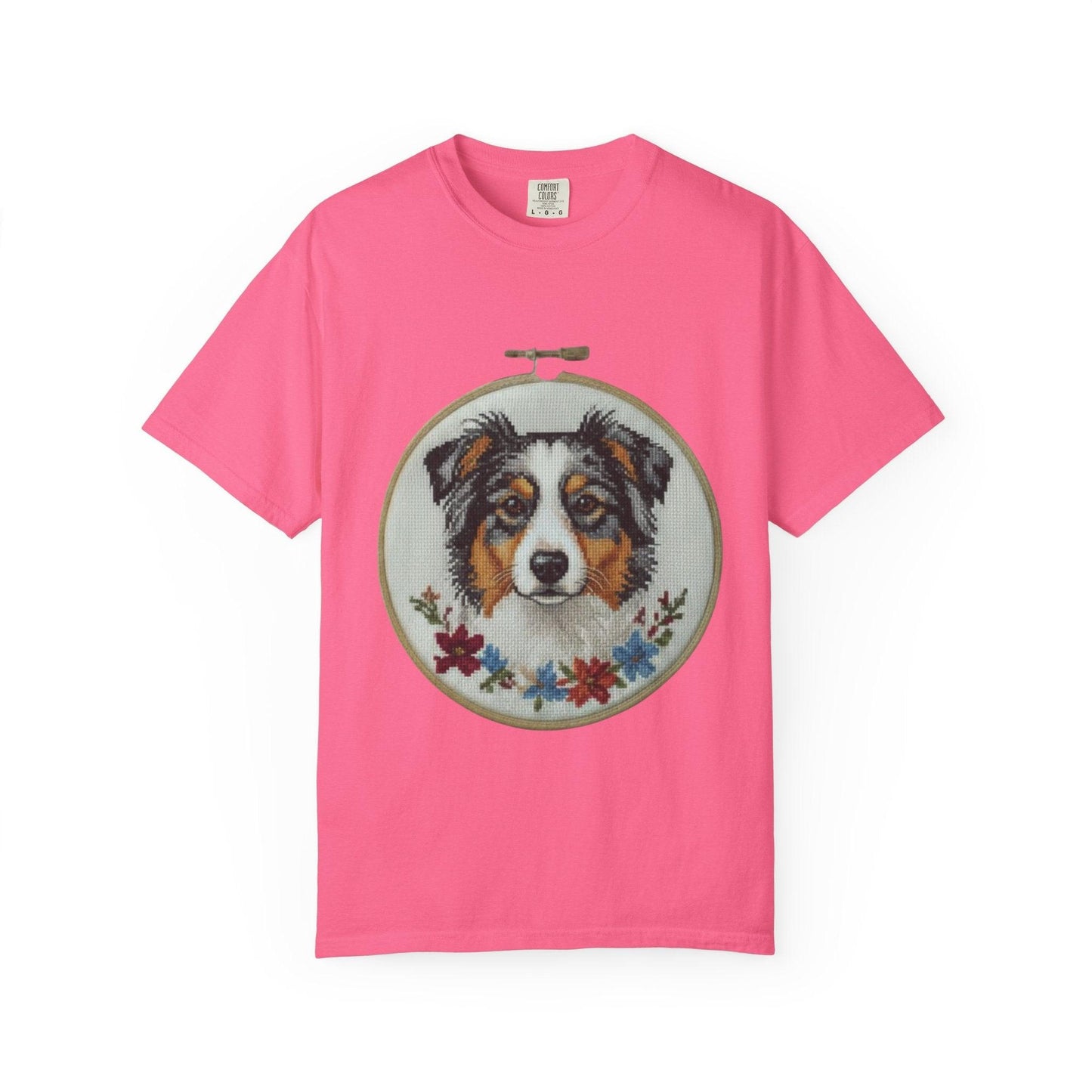 Australian Shepherd Portrait T-shirt | Embroidery Hoop Floral Design