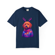 Golden Doodle in Reindeer Antler Sweater T-Shirt | Holiday Dog Portrait