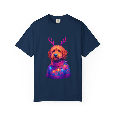 Golden Doodle in Reindeer Antler Sweater T-Shirt | Holiday Dog Portrait