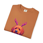 Golden Doodle in Reindeer Antler Sweater T-Shirt | Holiday Dog Portrait