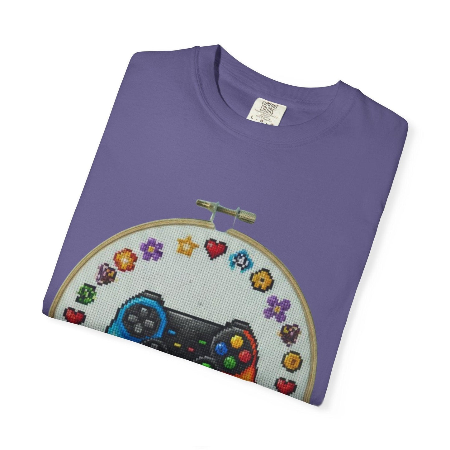 Rainbow Game Controller embroidery hoop T-Shirt | Gamer cross stitch design