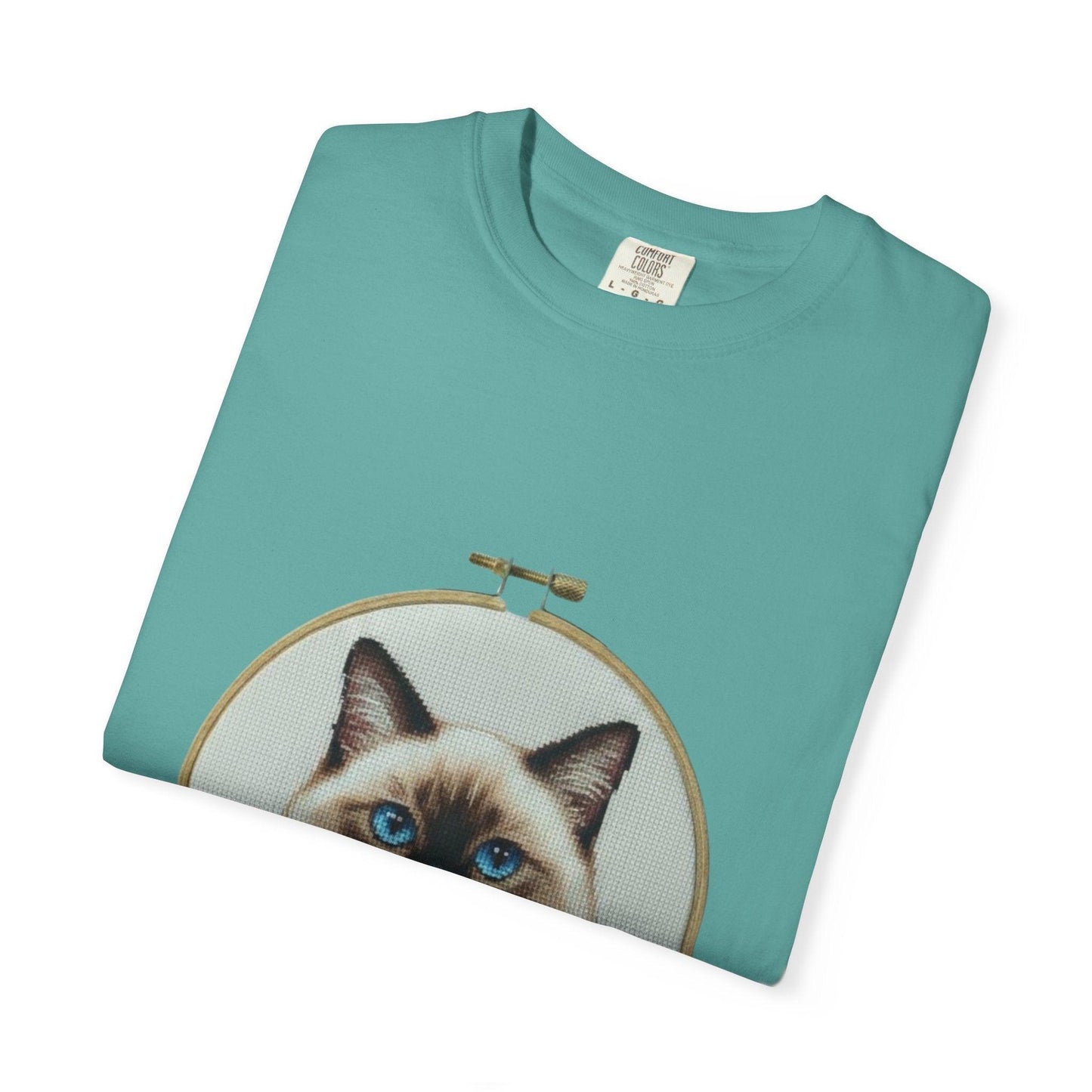 Blue-Eyed Siamese Cat Portrait T-Shirt | Embroidery Hoop Floral Design