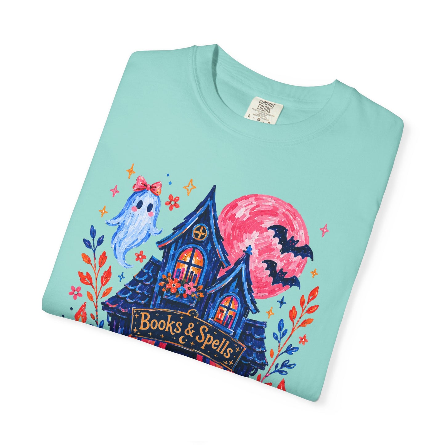 Books & Spells T-Shirt, Witchy Bookstore Halloween Shirt, Cozy Book Lover Tee, Black Cat Ghost Pumpkin Graphic, Booktok Fall Shirt