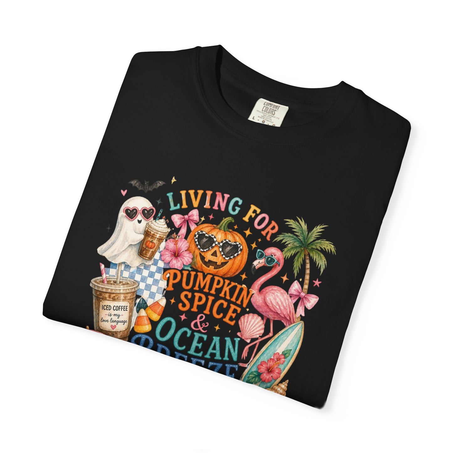 Pumpkin Spice & Ocean Breeze T-Shirt, Summerween Flamingo Shirt, Halloween Beach Tee, Tropical Spooky Season Graphic, Fall Vacation Shirt