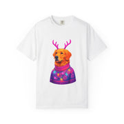Golden Retriever with Antlers sweater T-Shirt | Neon Holiday Dog Design