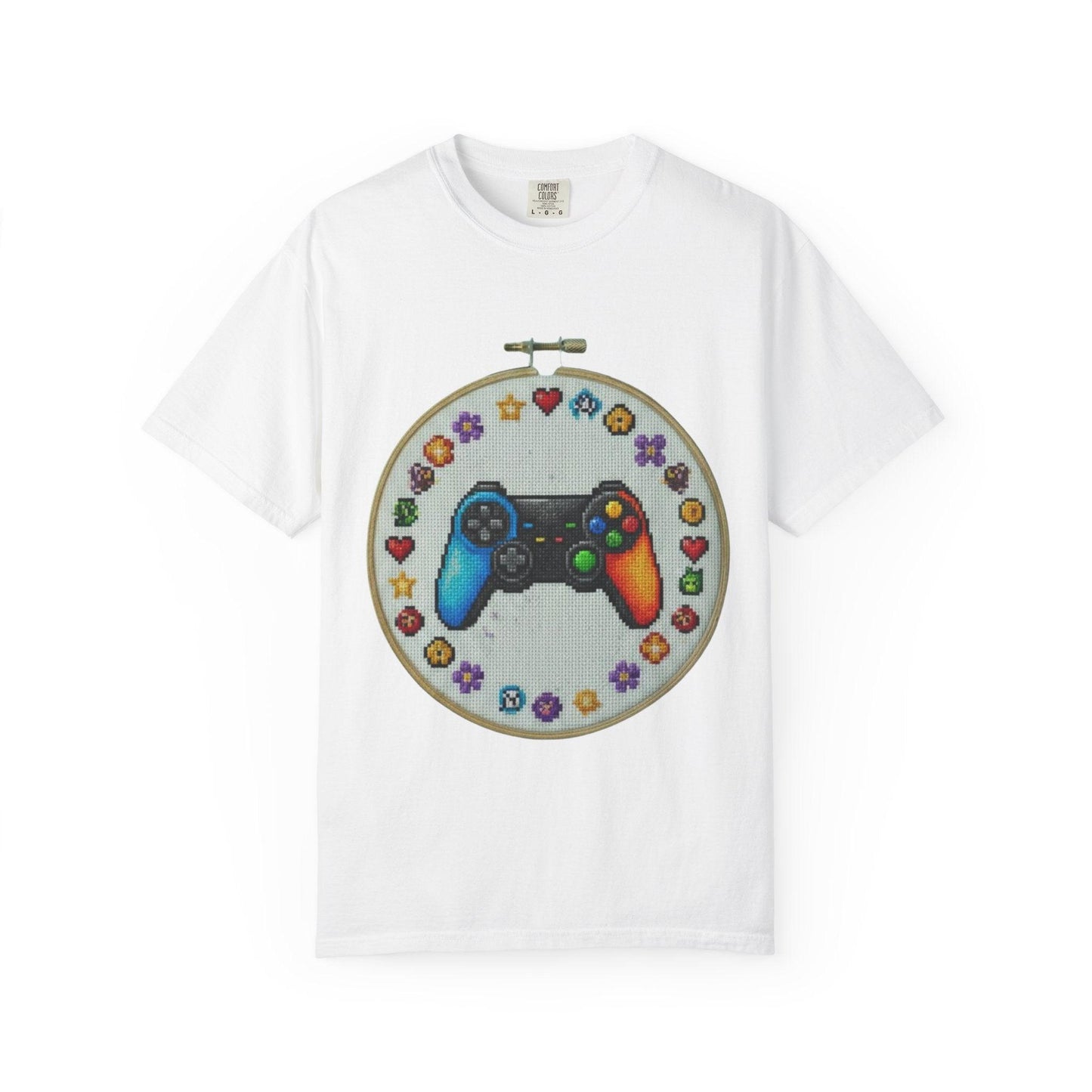 Rainbow Game Controller embroidery hoop T-Shirt | Gamer cross stitch design