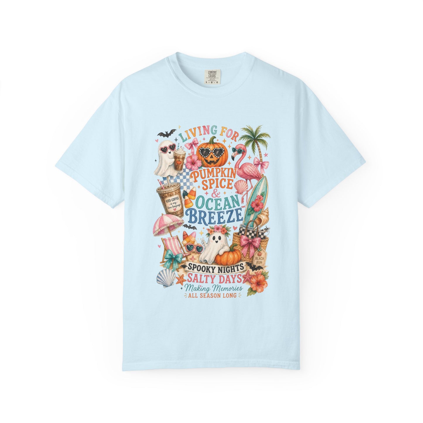 Pumpkin Spice & Ocean Breeze T-Shirt, Summerween Flamingo Shirt, Halloween Beach Tee, Tropical Spooky Season Graphic, Fall Vacation Shirt