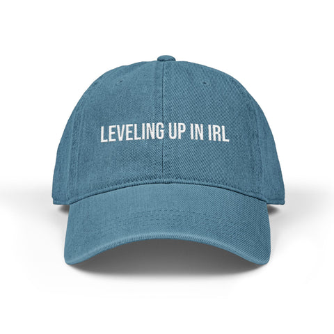 'Leveling Up in IRL' Denim Embroidered Cap