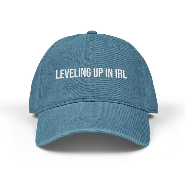'Leveling Up in IRL' Denim Embroidered Cap