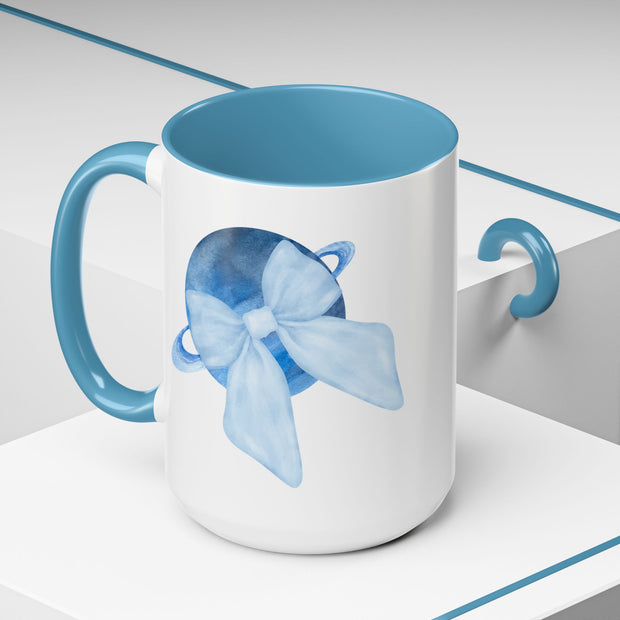 Blue Saturn Wrapped In A Blue Bow Accent Coffee Mug