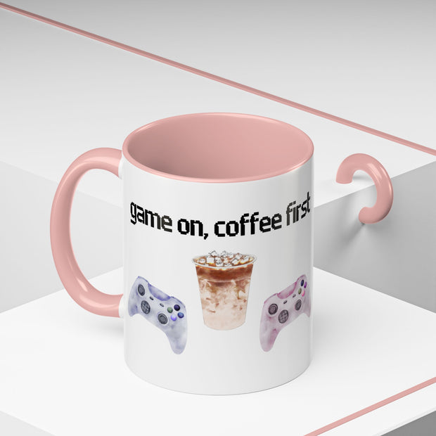 'Game On, Coffee First' Accent Coffee Mug