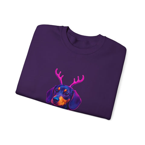 Dachshund Reindeer Sweater Crewneck Sweatshirt | Neon Holiday Dog Art
