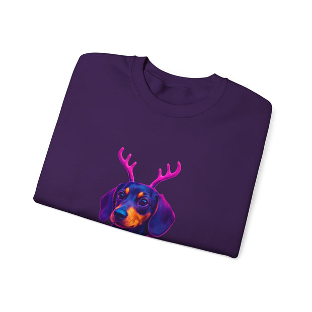 Dachshund Reindeer Sweater Crewneck Sweatshirt | Neon Holiday Dog Art