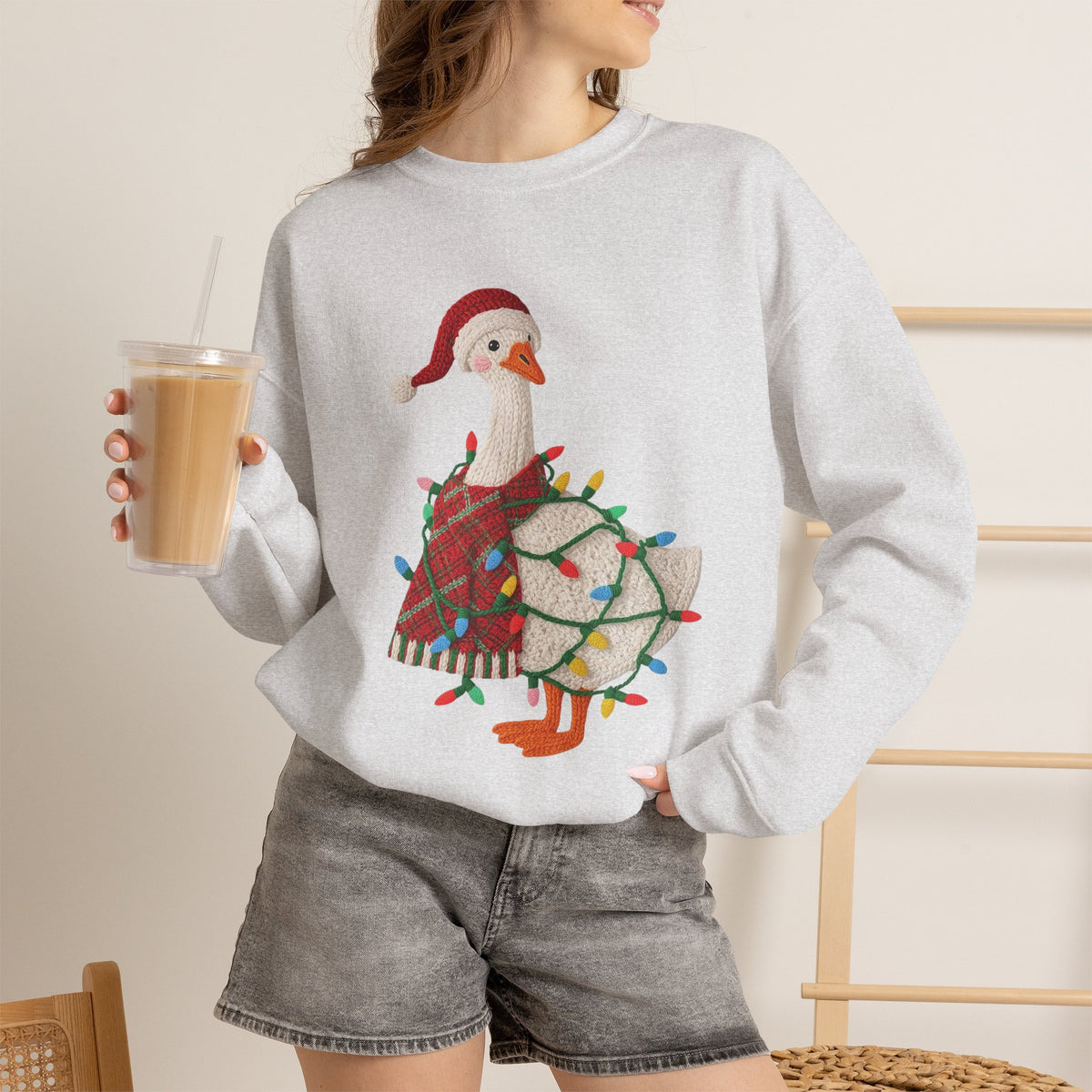 Christmas Goose Wearing Santa Hat Crewneck Sweatshirt | Holiday Duck in Lights