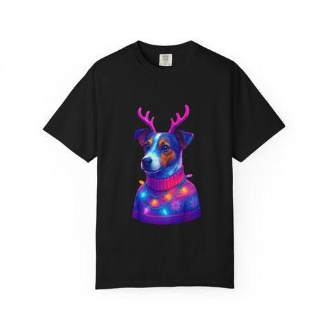 Jack Russell in Reindeer Sweater T-shirt | Neon Holiday Dog Design