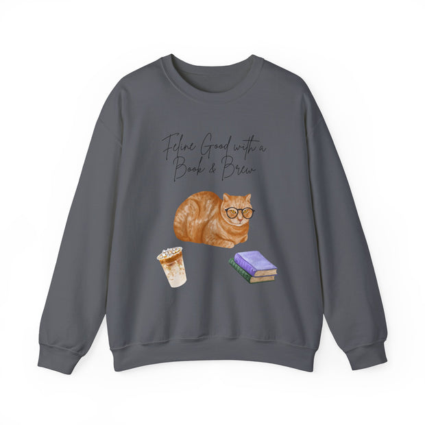 'Feline Good With A Book & Brew' Unisex Crewneck Sweatshirt