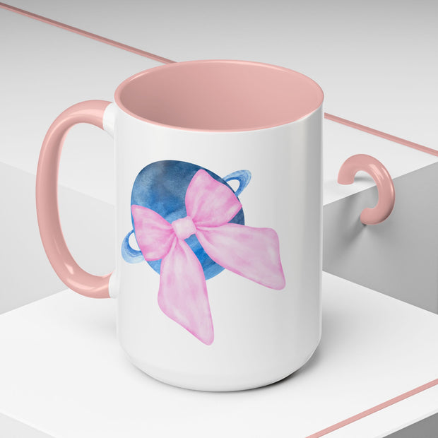 Blue Saturn Wrapped In A Pink Bow Accent Coffee Mug