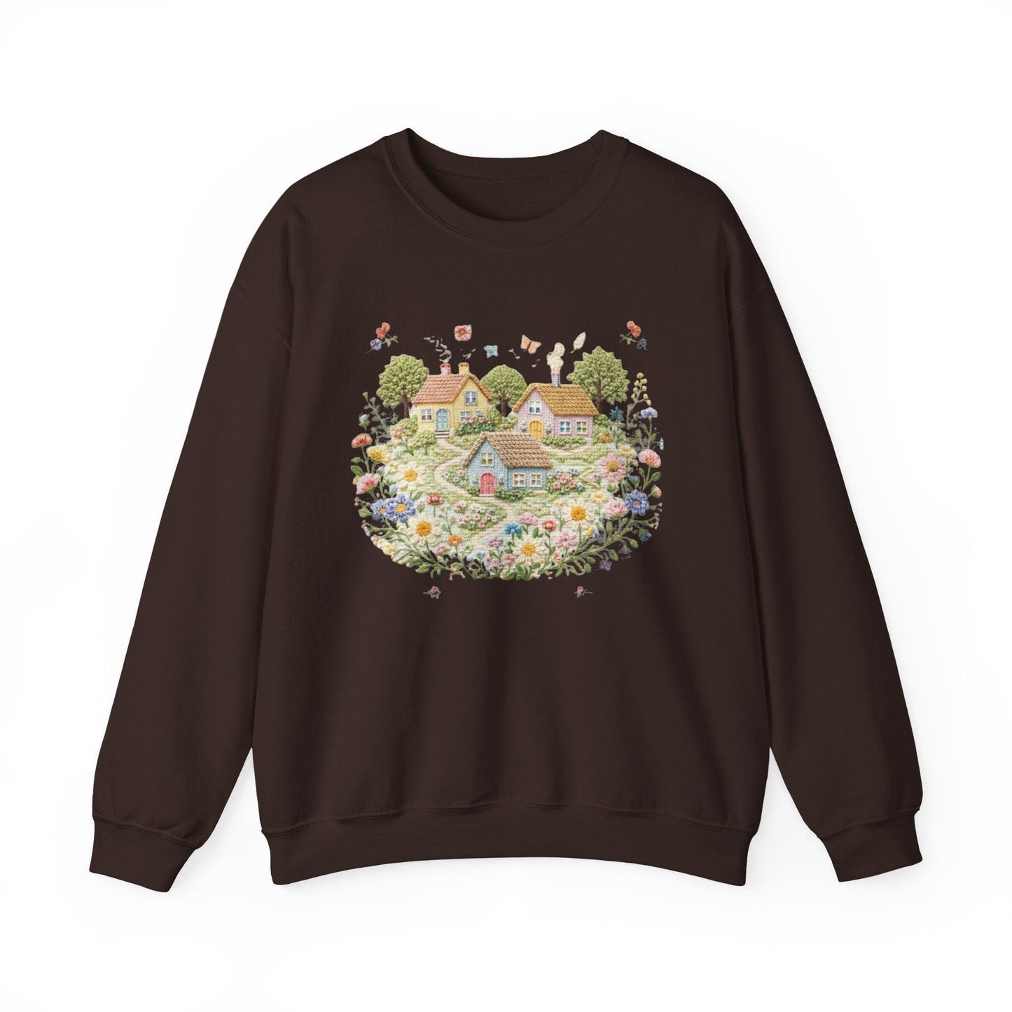 Cottage Garden Illustration Sweatshirt | Floral Village Scene, Cozy Spring