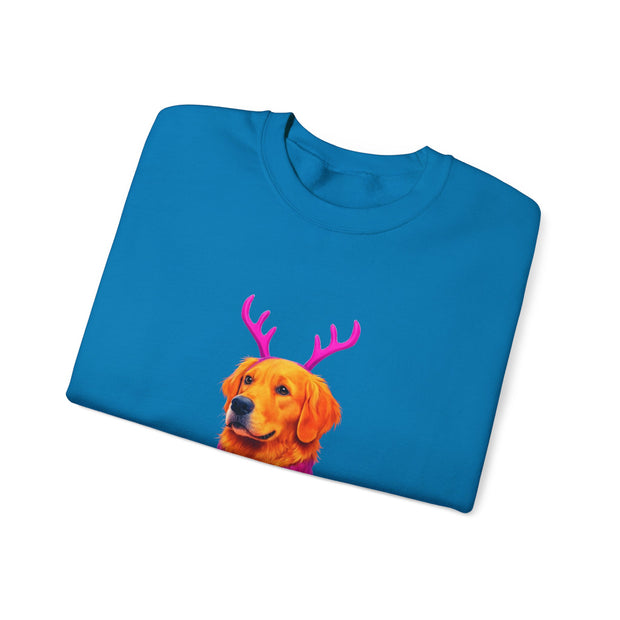 Golden Retriever in Festive Sweater Sweatshirt | Reindeer Antlers Holiday Dog