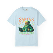 Santa's Cocoa & Code Society T-shirt, Holiday Tee, Xmas Gift, Unisex Garment-Dyed Shirt, Fun Santa Design, Cozy Christmas Apparel