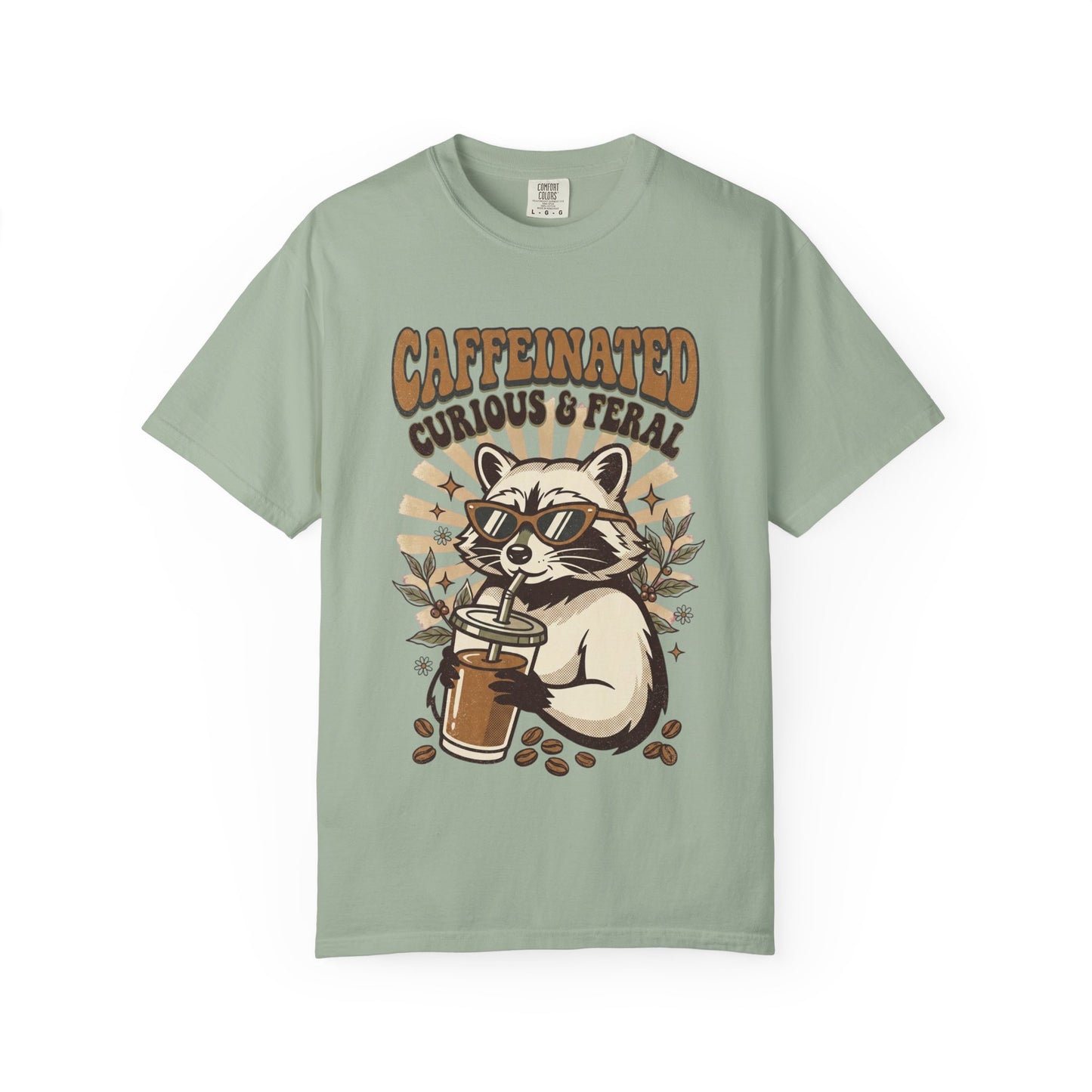 Caffeinated Curious & Feral Raccoon T-Shirt, Funny Coffee Lover Raccoon Tee, Goblincore Animal Shirt, Nature Lover Gift
