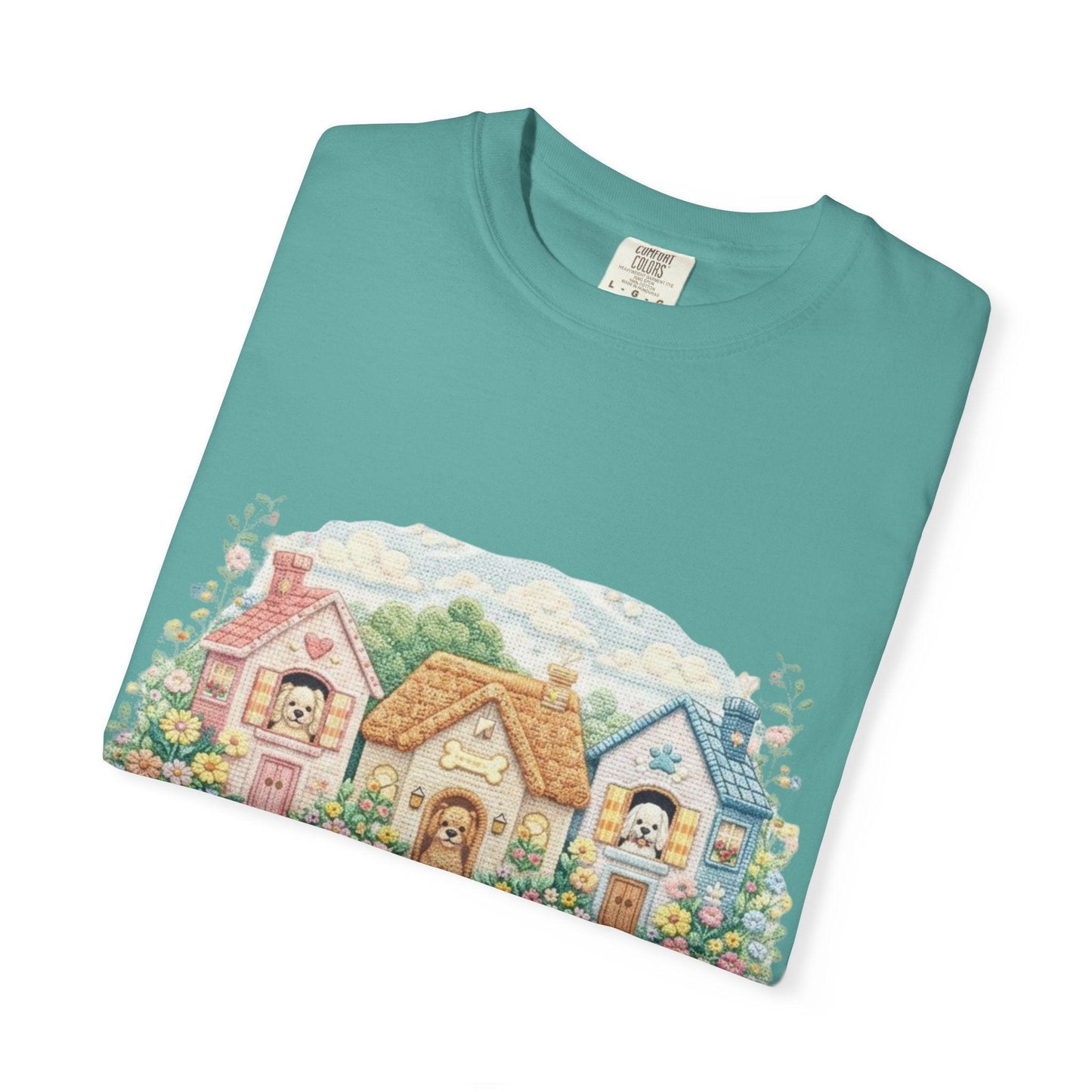 Cute Cottage Row illustration T-shirt | pastel village floral path