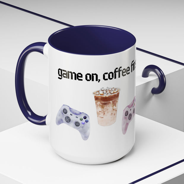 'Game On, Coffee First' Accent Coffee Mug