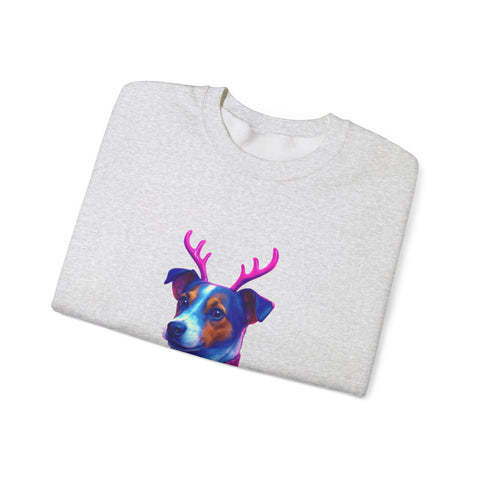 Neon Jack Russell in Reindeer Antlers Sweatshirt | Holiday Pet Portrait