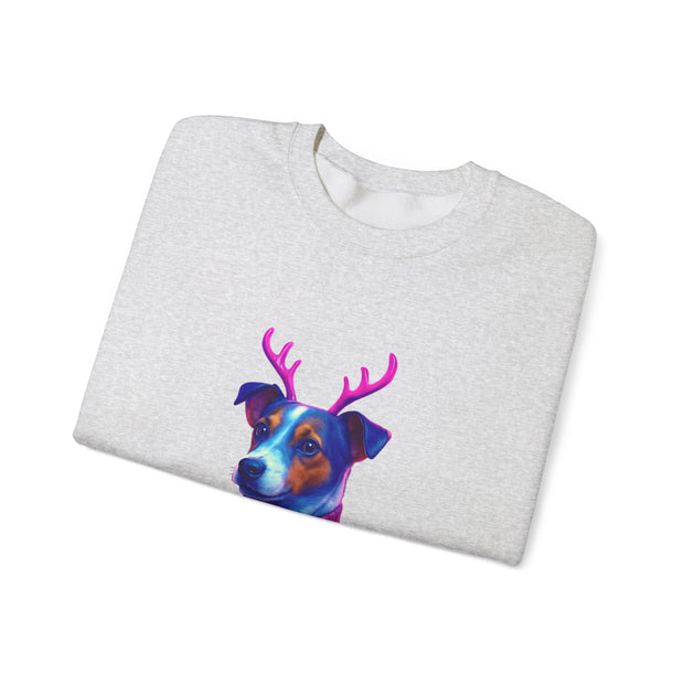 Neon Jack Russell in Reindeer Antlers Sweatshirt | Holiday Pet Portrait