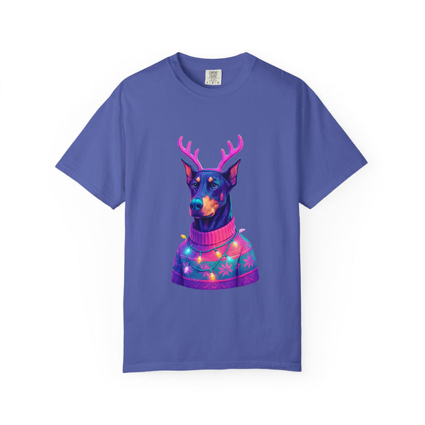 Festive Doberman Holiday T-Shirt, Christmas Shirt, Unisex Gift, Funny Pet Apparel, Cozy Winter Wear, Animal Lover Tee