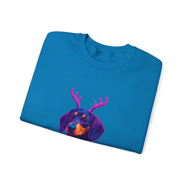 Dachshund Reindeer Sweater Crewneck Sweatshirt | Neon Holiday Dog Art