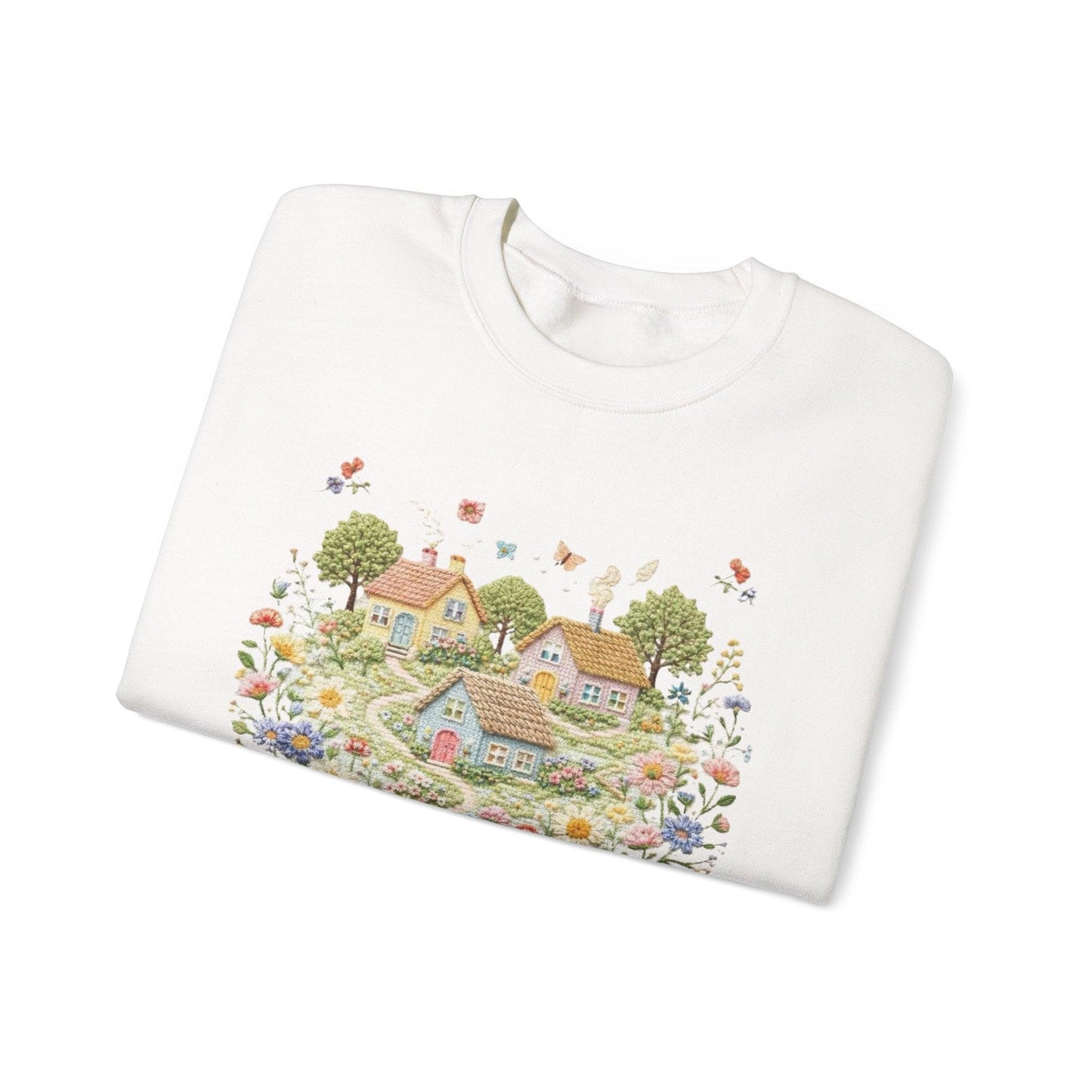 Cottage Garden Illustration Sweatshirt | Floral Village Scene, Cozy Spring