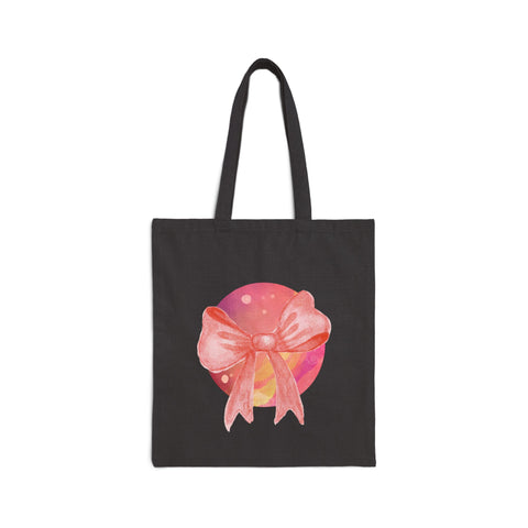 Pink/Yellow Planet Wrapped In A Bow Cotton Canvas Tote Bag