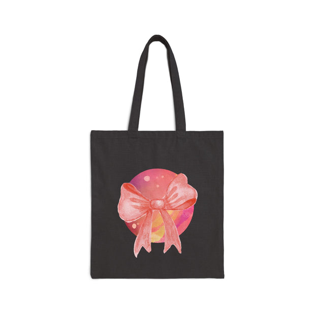 Pink/Yellow Planet Wrapped In A Bow Cotton Canvas Tote Bag