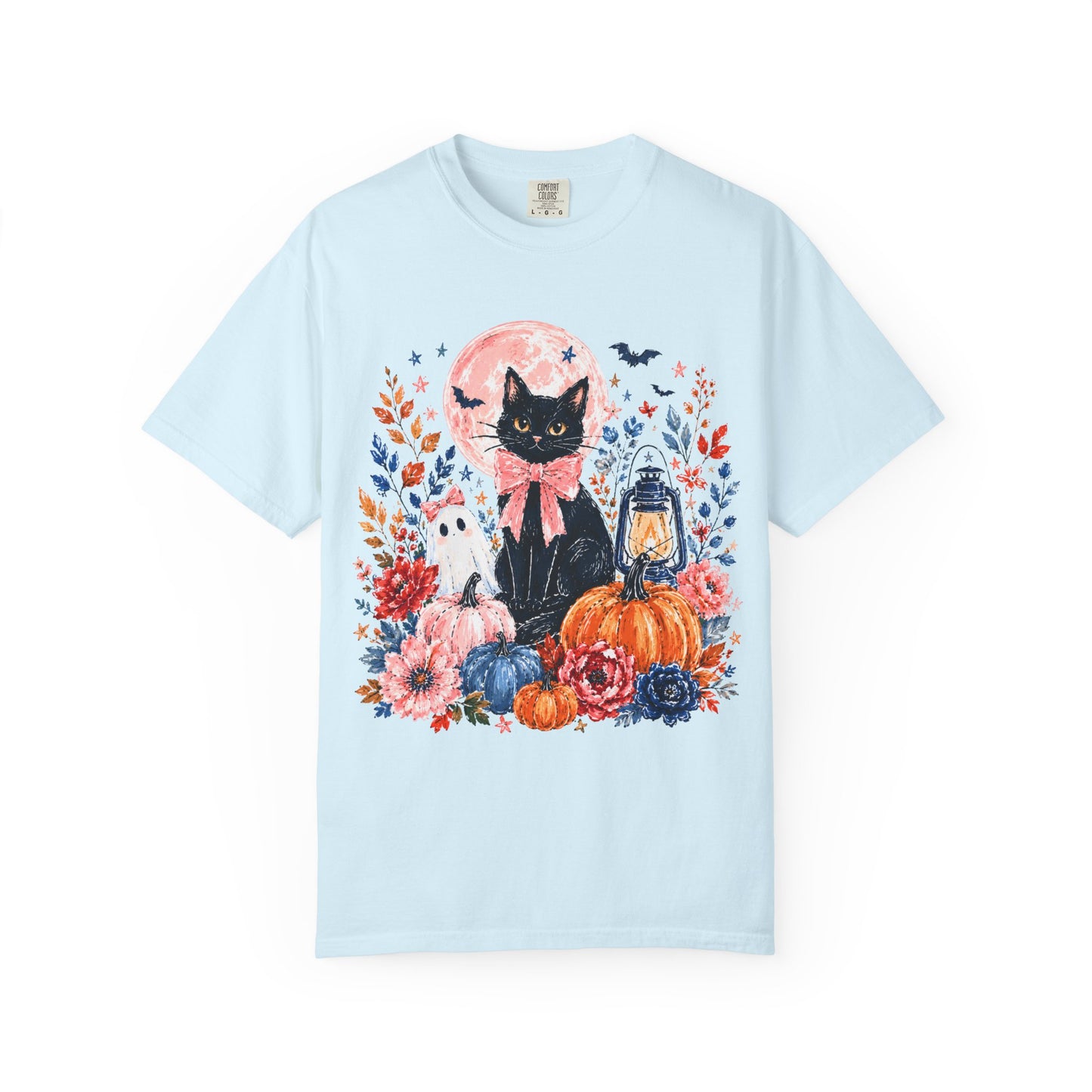 Black Cat with Pumpkins T-shirt | Halloween Moon Lantern Floral Design