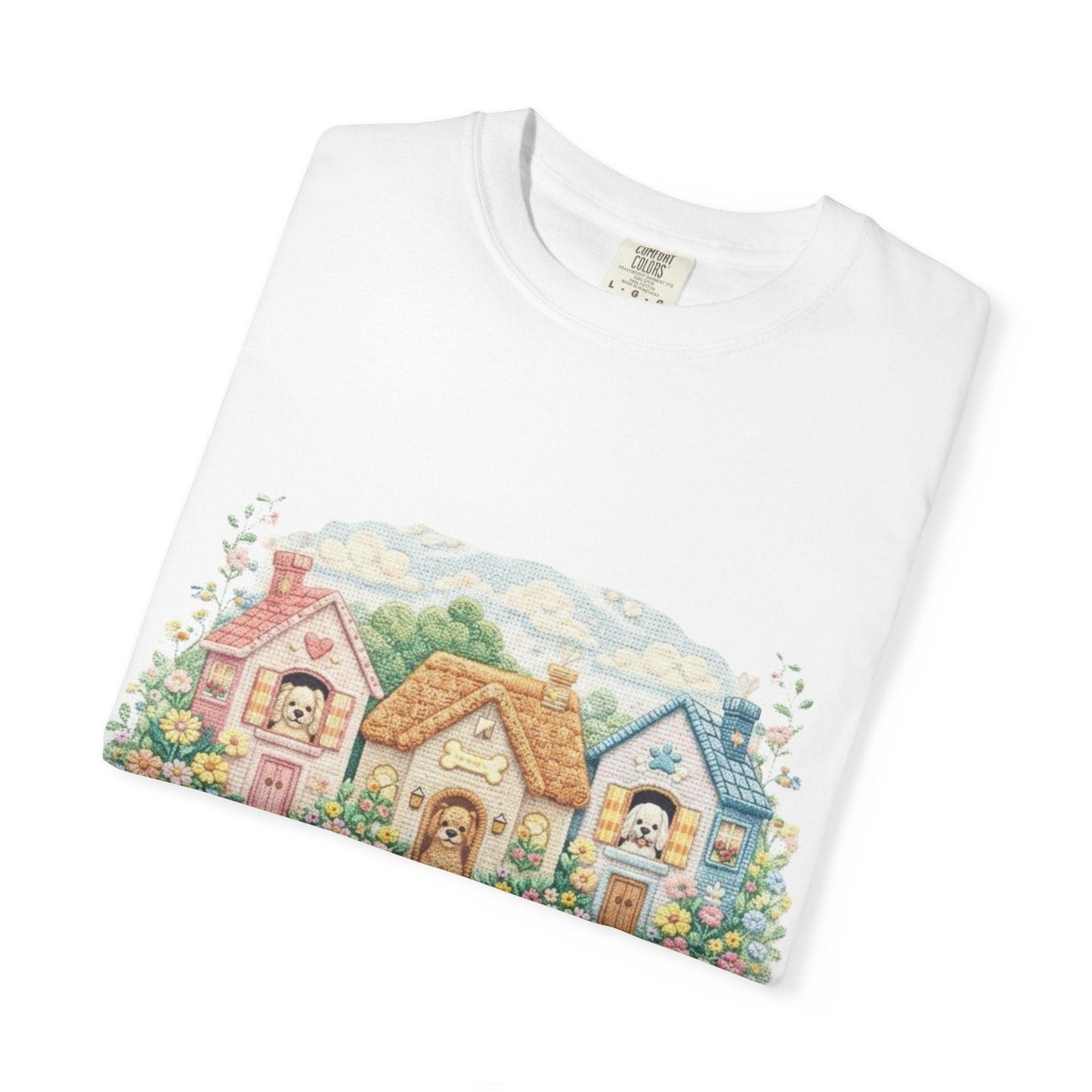 Cute Cottage Row illustration T-shirt | pastel village floral path
