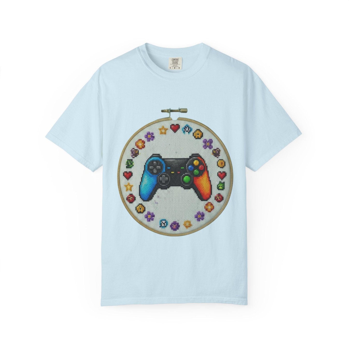 Rainbow Game Controller embroidery hoop T-Shirt | Gamer cross stitch design