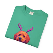 Golden Doodle in Reindeer Antler Sweater T-Shirt | Holiday Dog Portrait