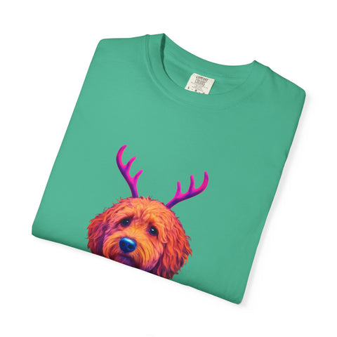 Golden Doodle in Reindeer Antler Sweater T-Shirt | Holiday Dog Portrait