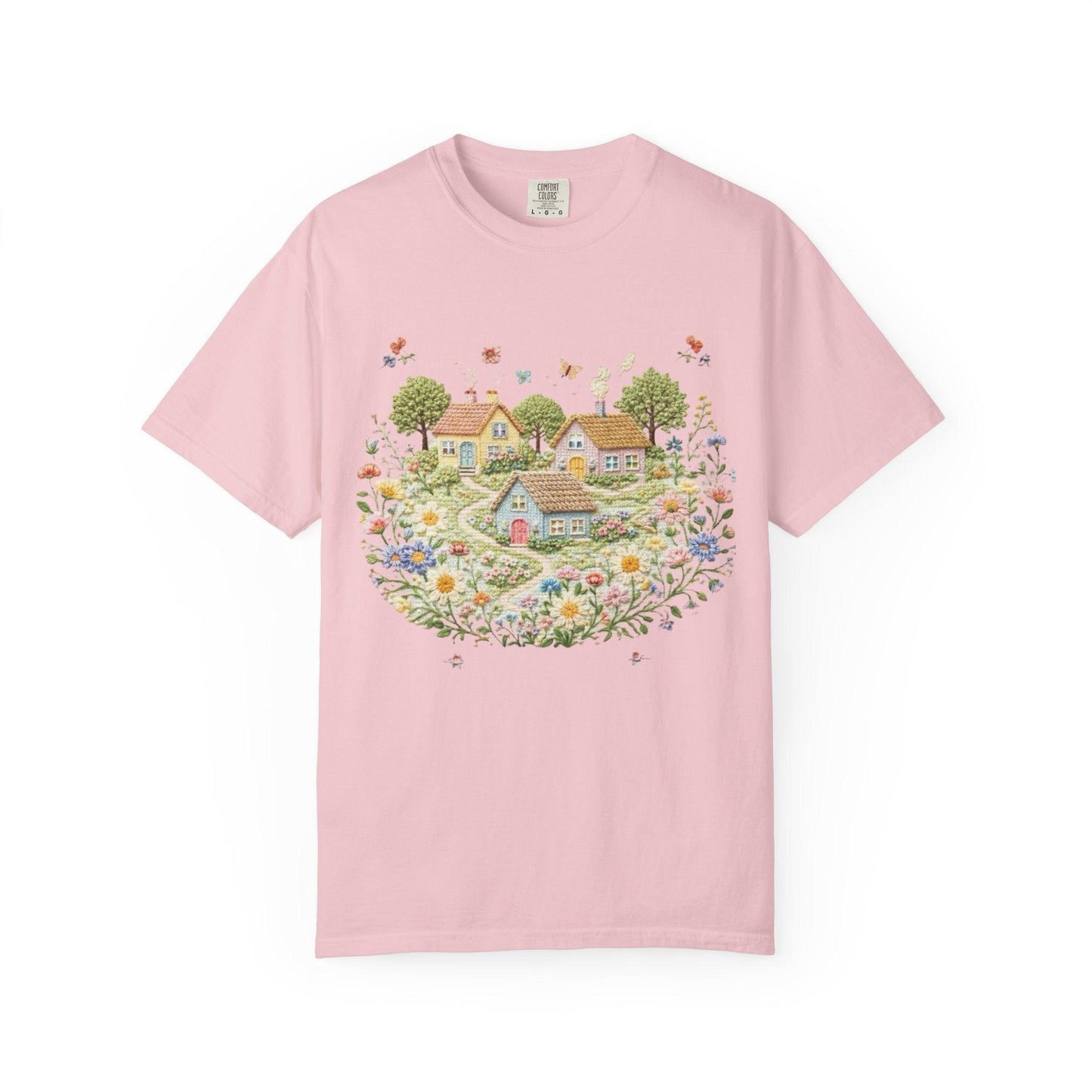 Cottage Garden Landscape T-shirt | Floral Village Illustration