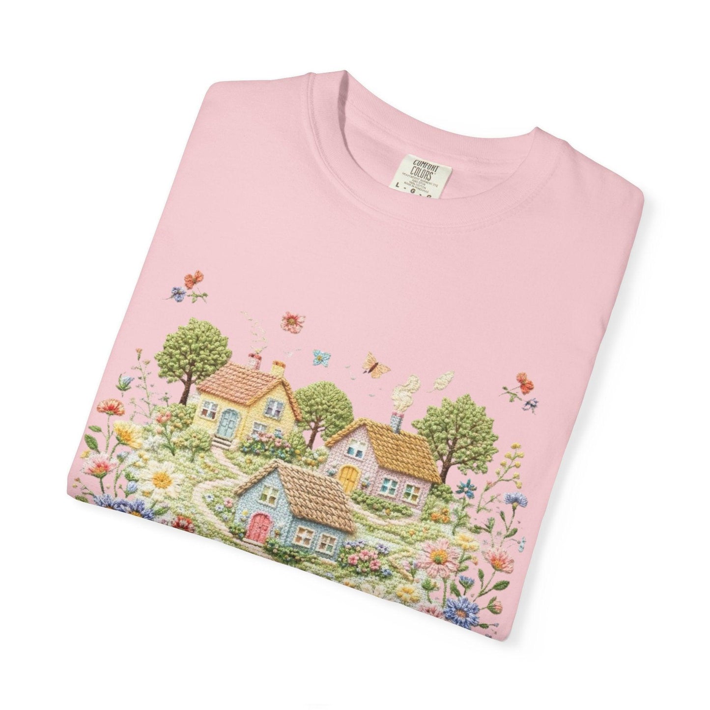 Cottage Garden Landscape T-shirt | Floral Village Illustration