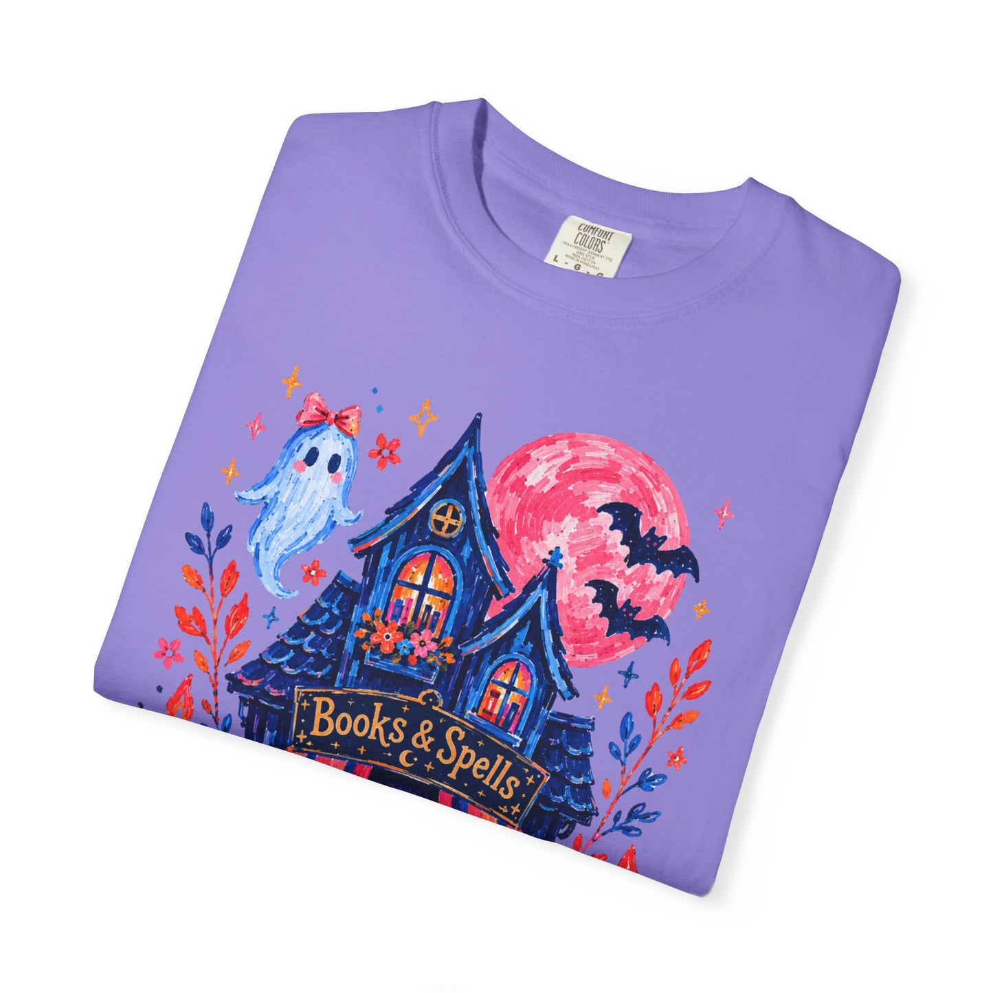 Books & Spells T-Shirt, Witchy Bookstore Halloween Shirt, Cozy Book Lover Tee, Black Cat Ghost Pumpkin Graphic, Booktok Fall Shirt
