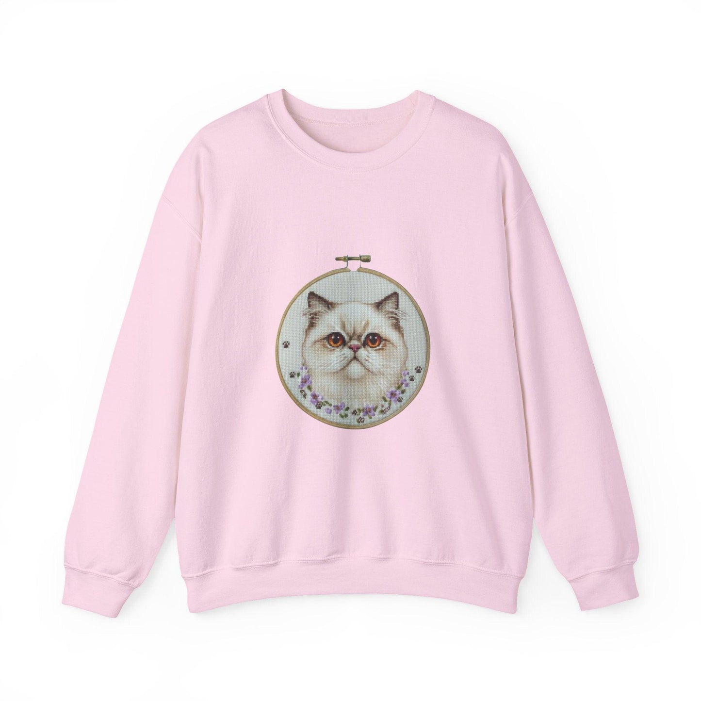 Grumpy Persian Cat Portrait Crewneck sweatshirt | Floral Embroidery Hoop Art