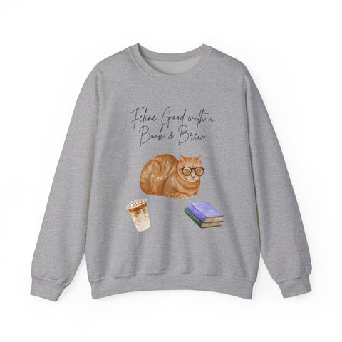 'Feline Good With A Book & Brew' Unisex Crewneck Sweatshirt